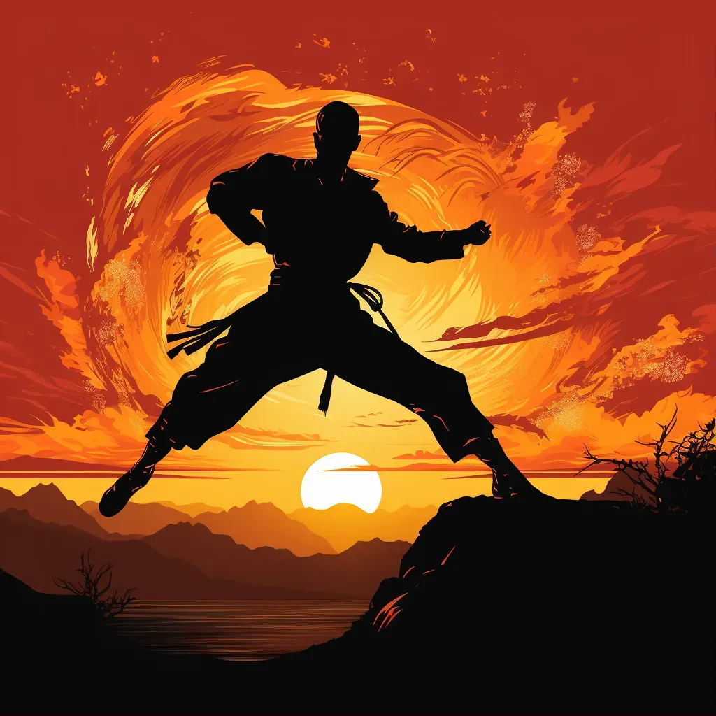 Silhouetted Martial Artist Performing High Kick at Sunset - Image Generated - Image 1