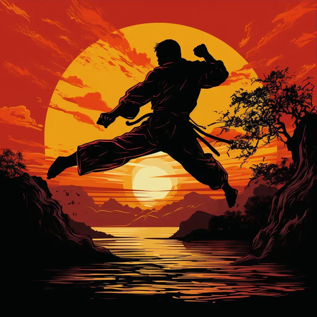 Silhouetted Martial Artist Performing High Kick at Sunset - Image Generated - Image 3