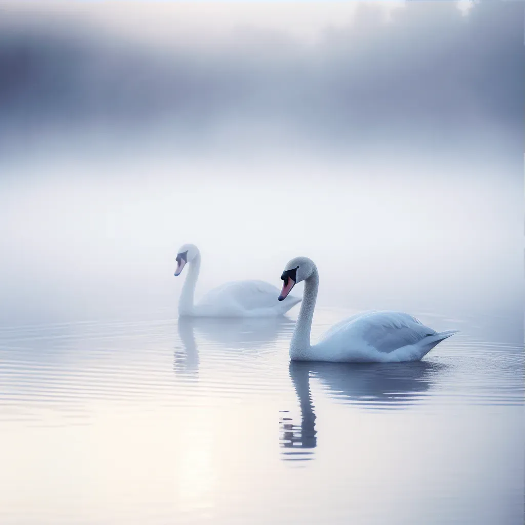 Swans on Misty Lake