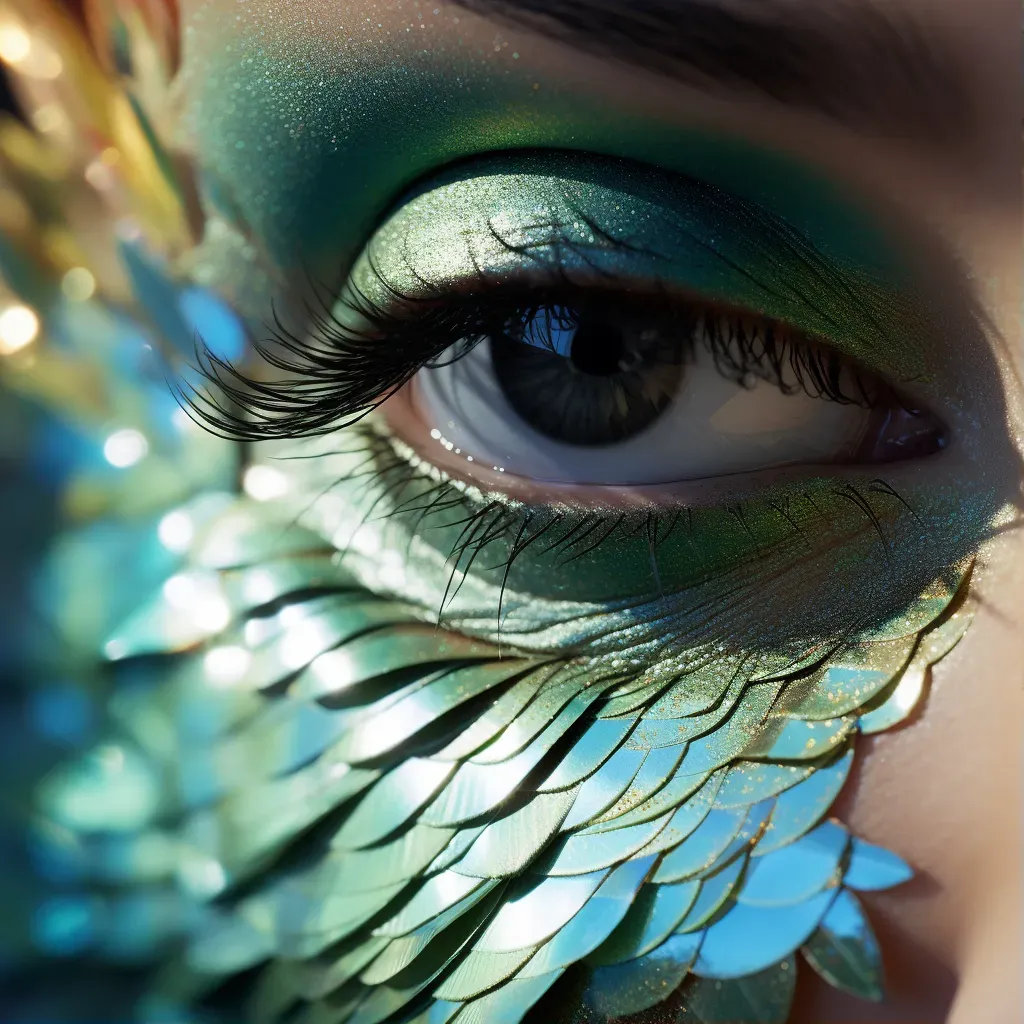 Macro shot of mermaid-inspired makeup with iridescent scales and shimmering blues and greens - Image 1