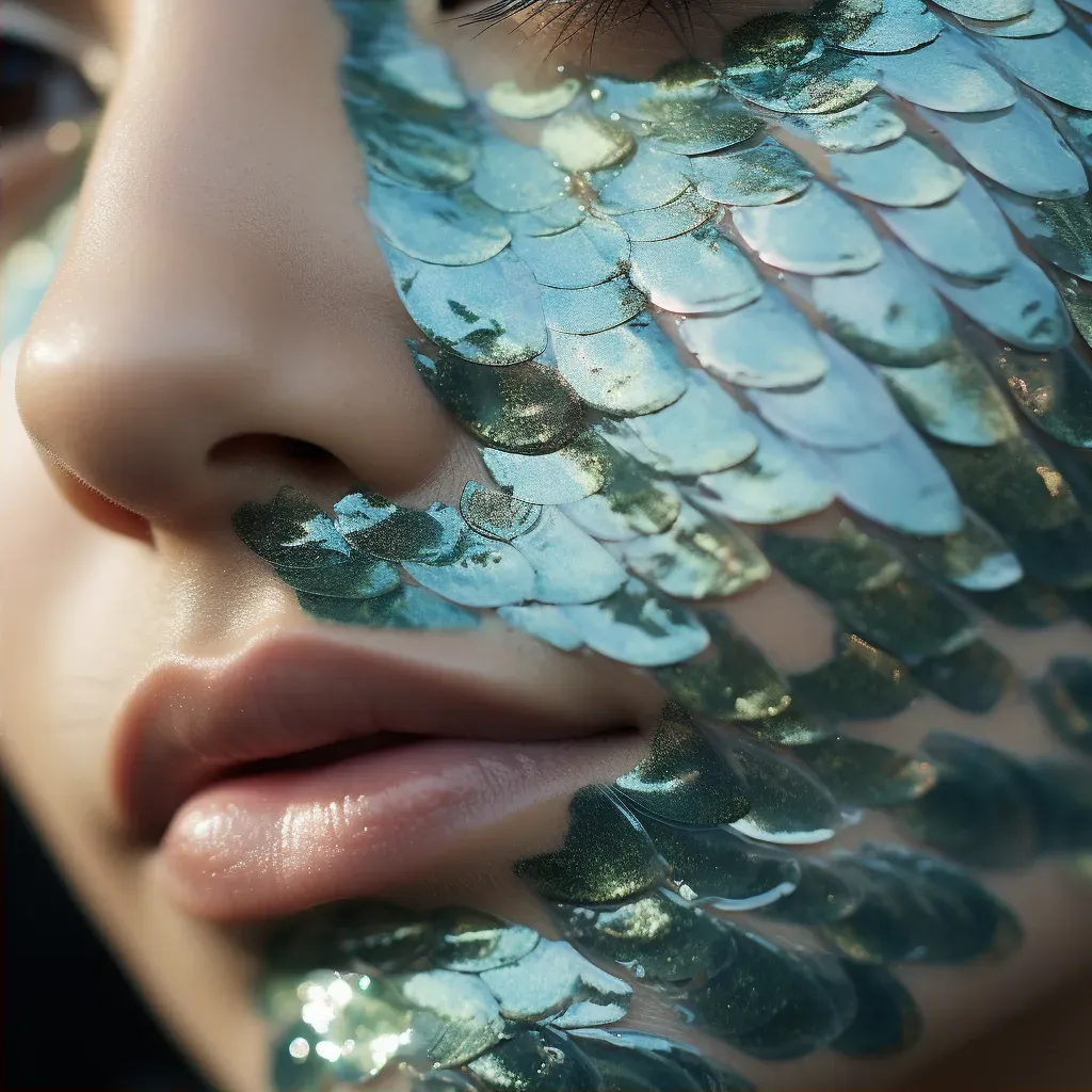 Macro shot of mermaid-inspired makeup with iridescent scales and shimmering blues and greens - Image 2