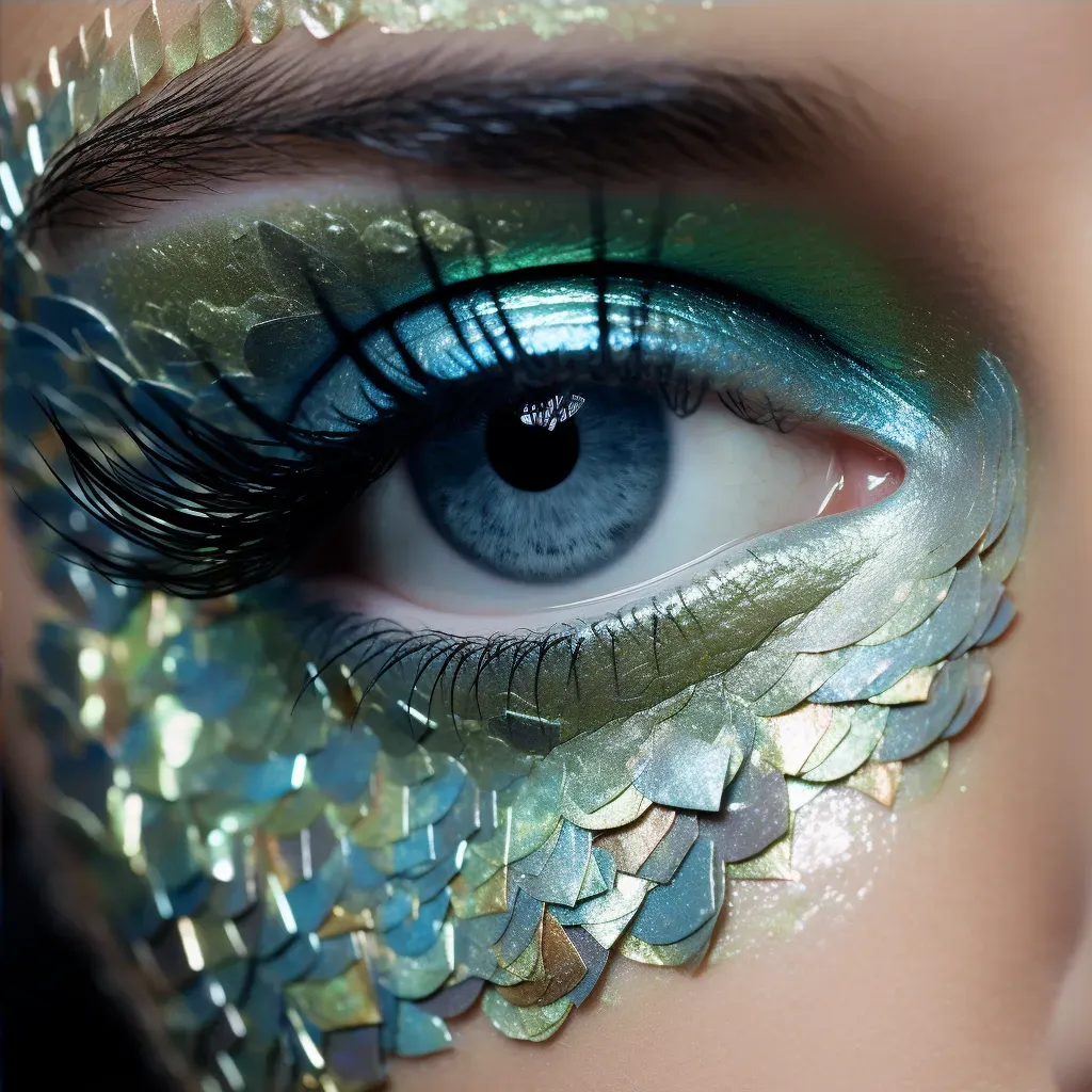 Macro shot of mermaid-inspired makeup with iridescent scales and shimmering blues and greens - Image 4