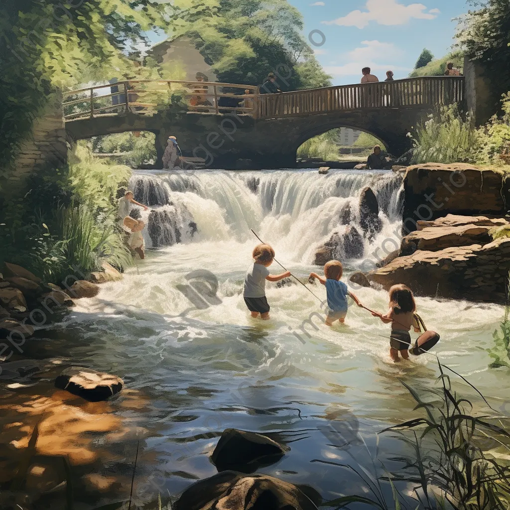 Children playing near a traditional weir on a sunny day - Image 1