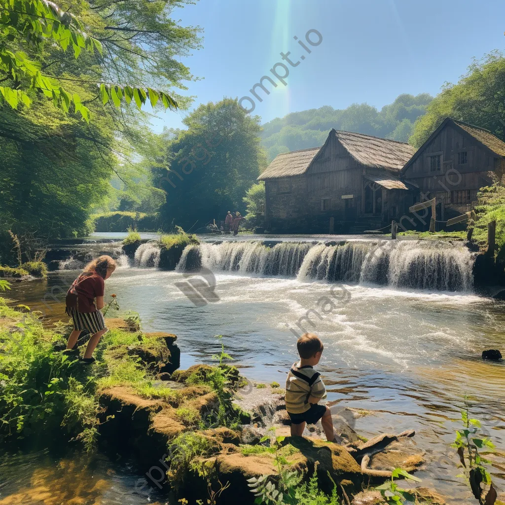 Children playing near a traditional weir on a sunny day - Image 2