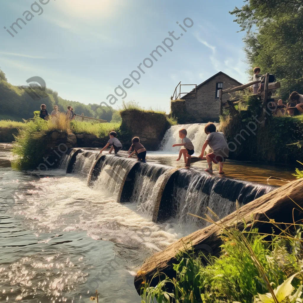 Children playing near a traditional weir on a sunny day - Image 3