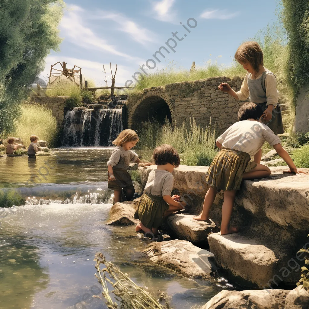 Children playing near a traditional weir on a sunny day - Image 4