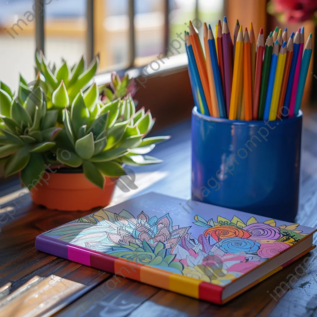 Adult coloring book with colored pencils and succulent - Image 1