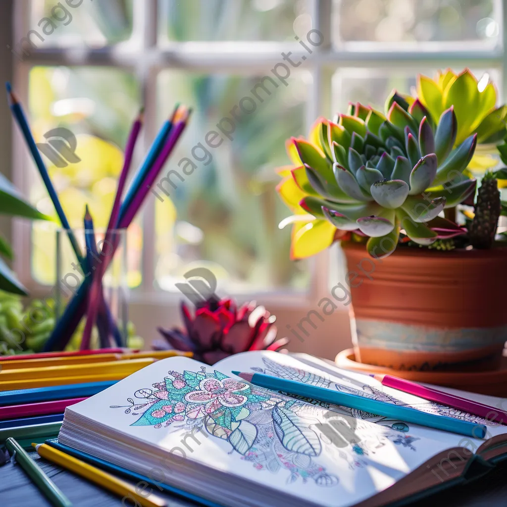 Adult coloring book with colored pencils and succulent - Image 2