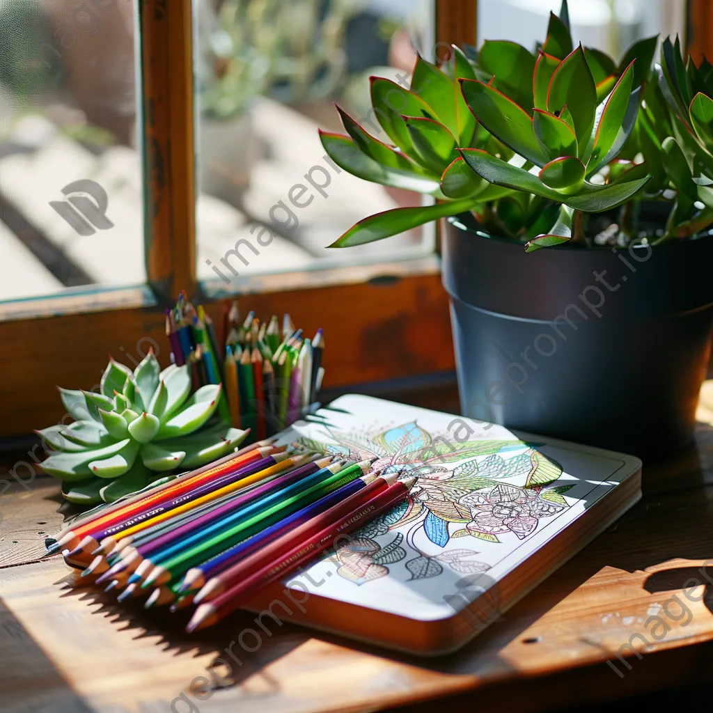 Adult coloring book with colored pencils and succulent - Image 3