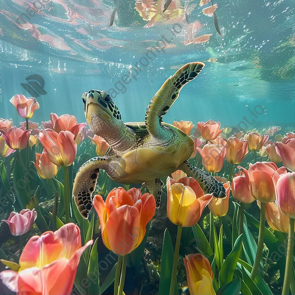 Sea turtles swimming in underwater tulips - Image 1