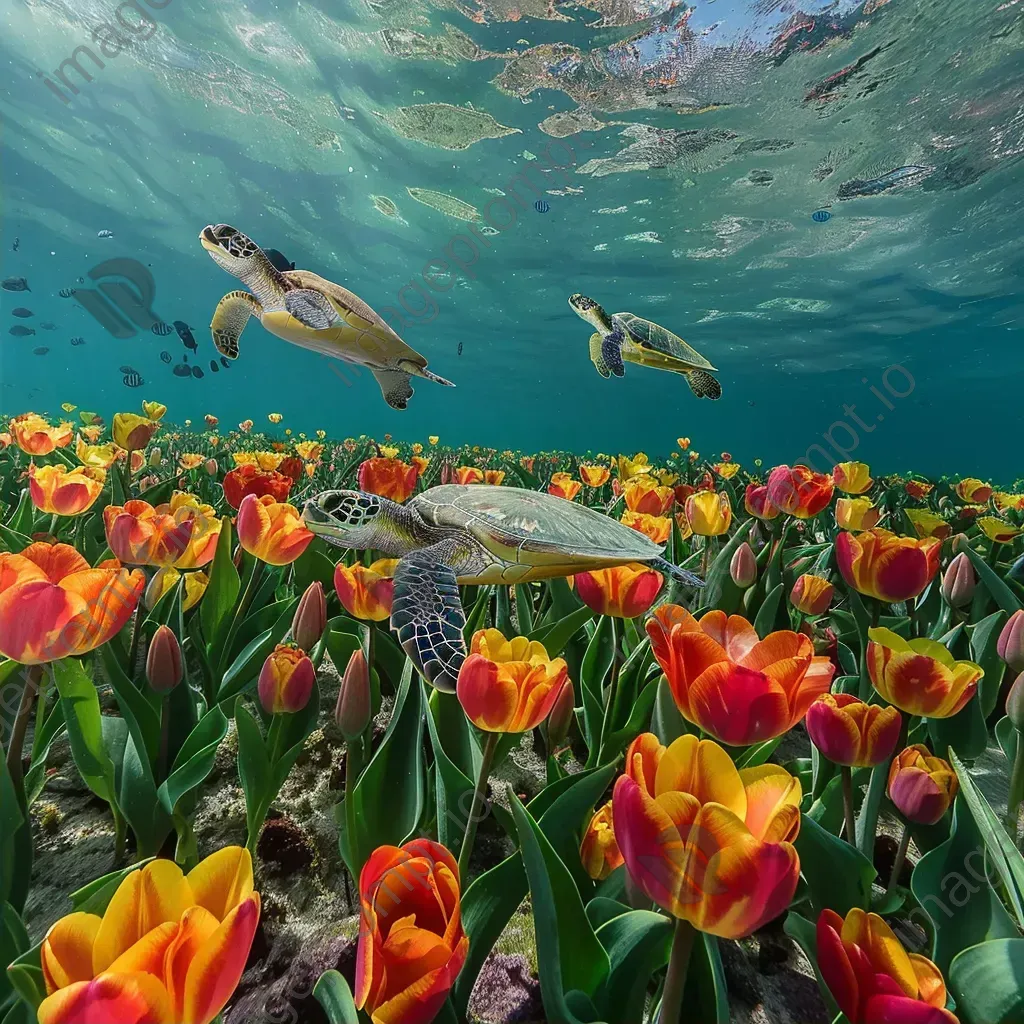 Sea turtles swimming in underwater tulips - Image 2