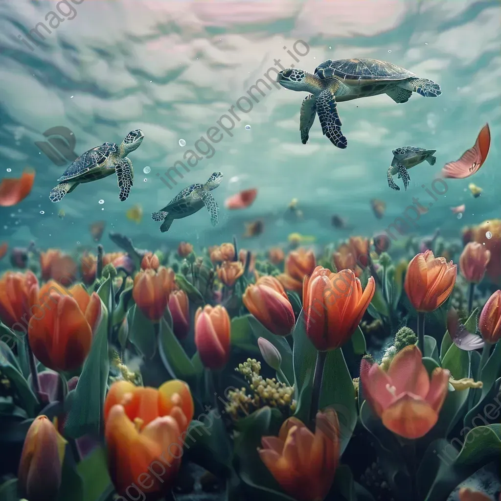 Sea turtles swimming in underwater tulips - Image 3