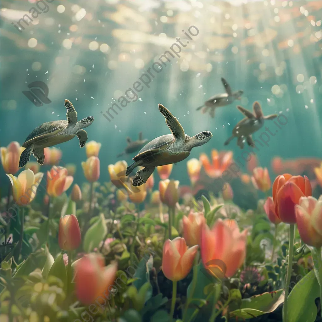 Sea turtles swimming in underwater tulips - Image 4