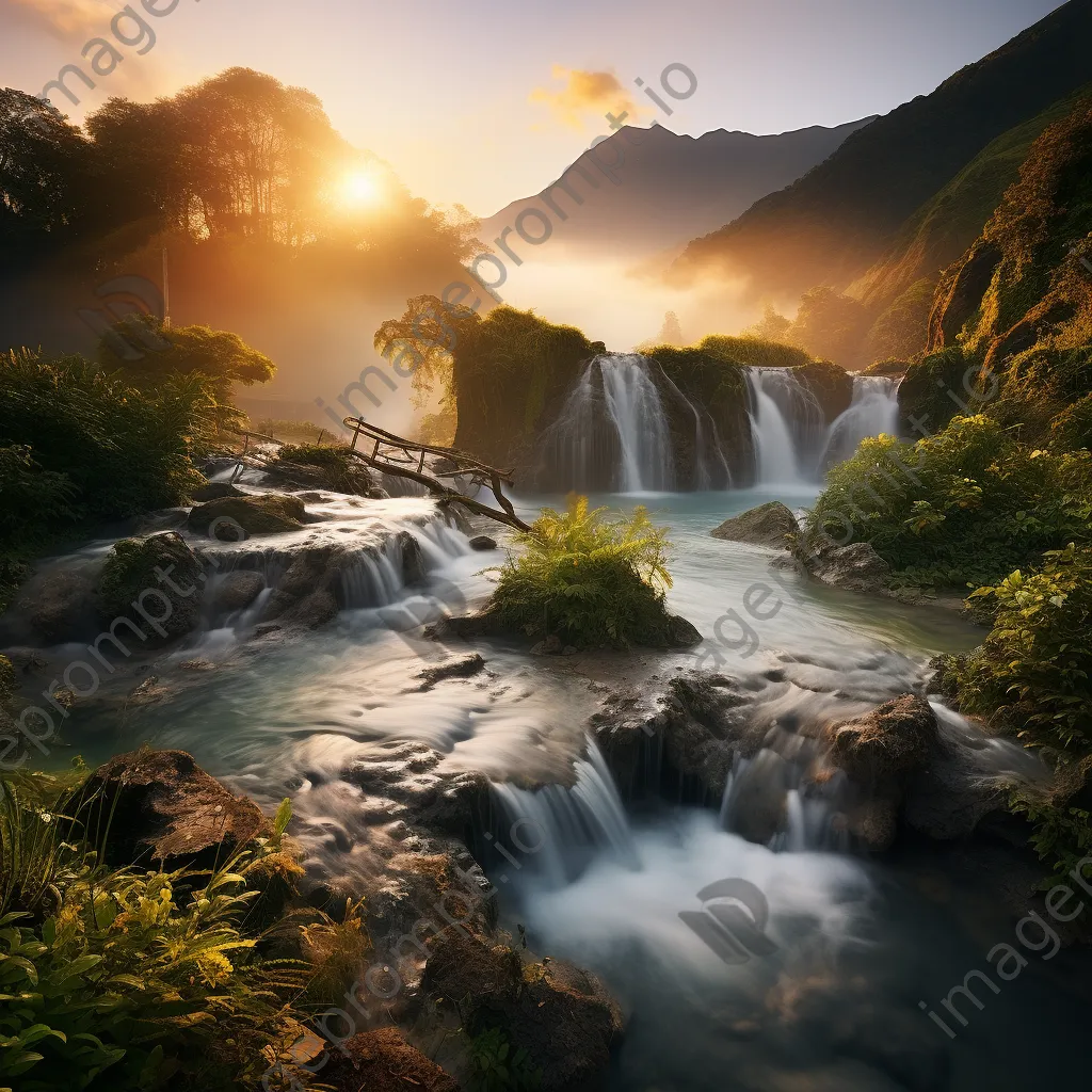 A thermal spring surrounded by mountains and waterfalls at golden hour. - Image 1