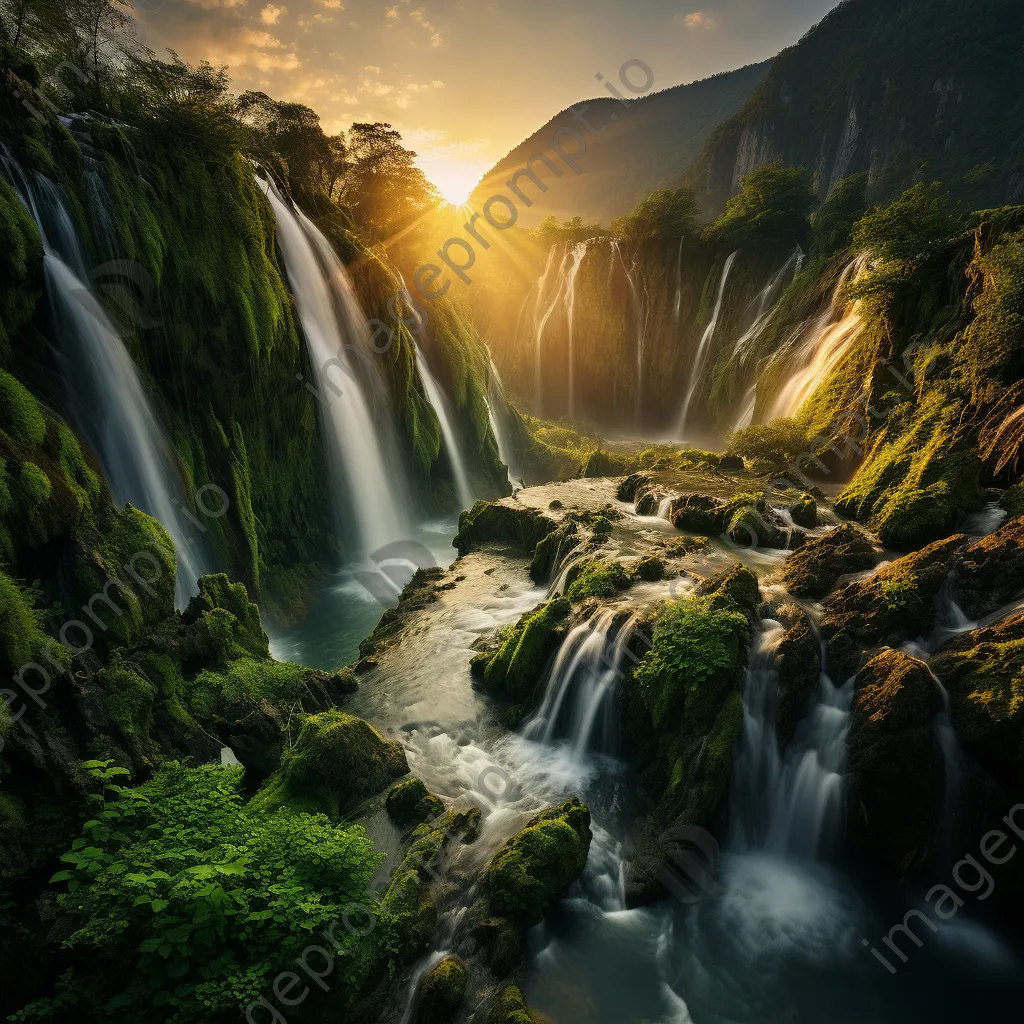 A thermal spring surrounded by mountains and waterfalls at golden hour. - Image 3