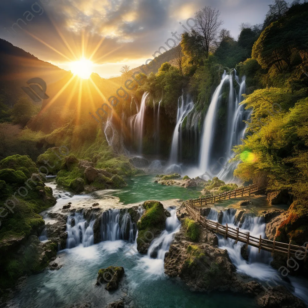 A thermal spring surrounded by mountains and waterfalls at golden hour. - Image 4