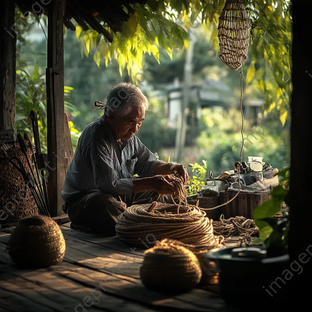 Traditional rope maker working in a natural farm setting - Image 1