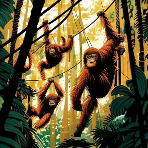 Illustration of Sumatran orangutans in green rainforest canopies - Image 1