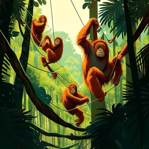 Illustration of Sumatran orangutans in green rainforest canopies - Image 2