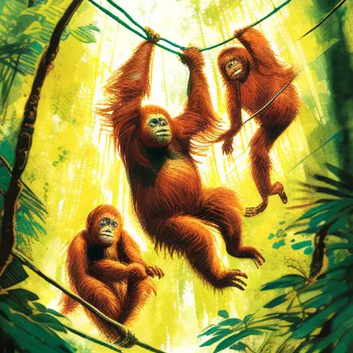 Illustration of Sumatran orangutans in green rainforest canopies - Image 3