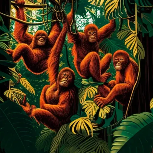 Illustration of Sumatran orangutans in green rainforest canopies - Image 4