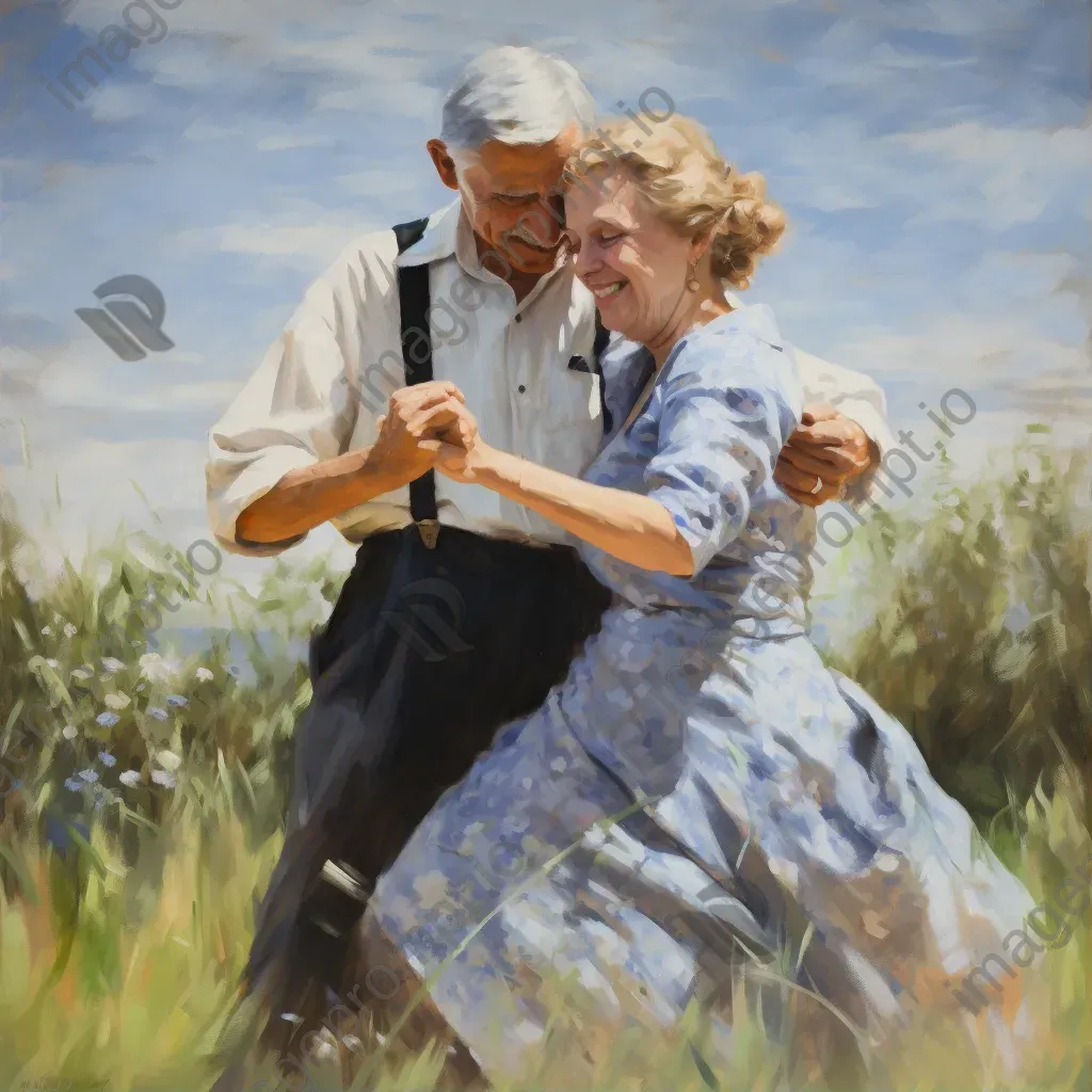 Elderly wartime couple dancing in a peaceful meadow, reflecting enduring love amidst turmoil - Image 1