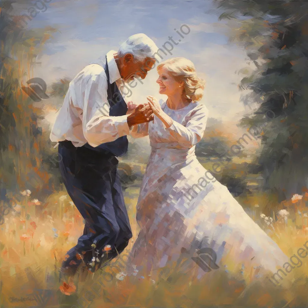 Elderly wartime couple dancing in a peaceful meadow, reflecting enduring love amidst turmoil - Image 2