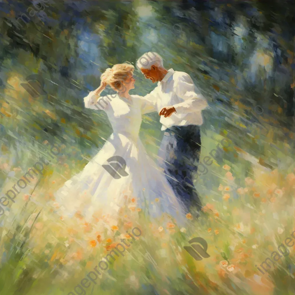 Elderly wartime couple dancing in a peaceful meadow, reflecting enduring love amidst turmoil - Image 3