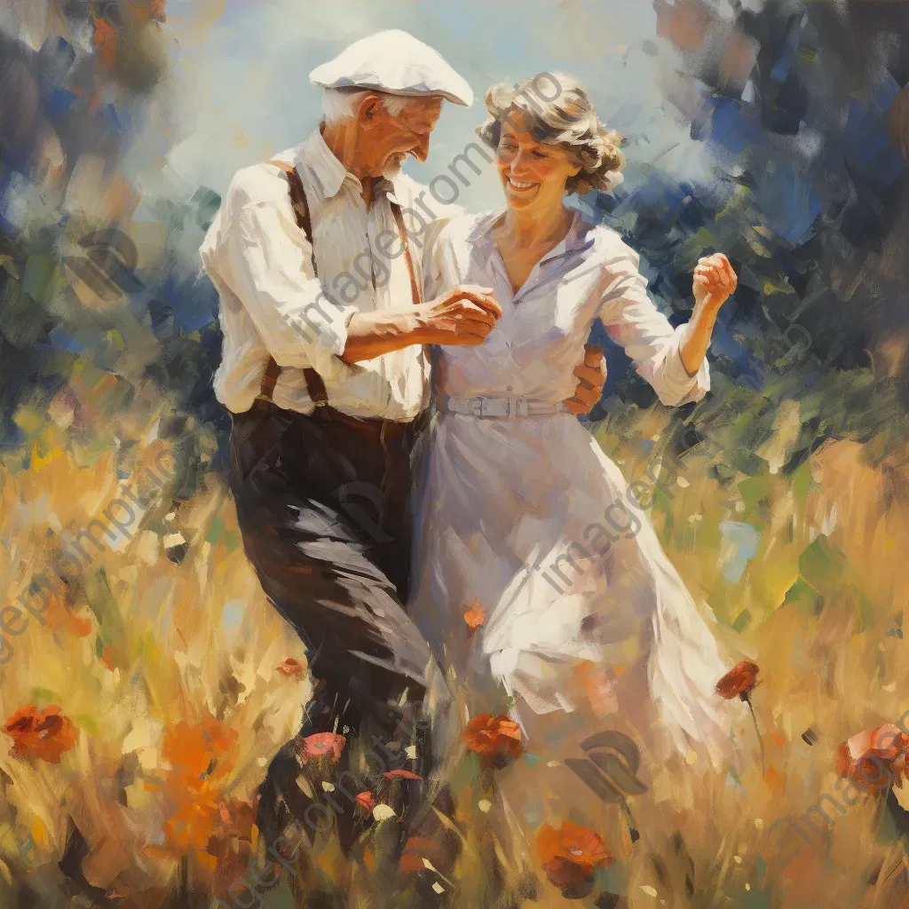 Elderly wartime couple dancing in a peaceful meadow, reflecting enduring love amidst turmoil - Image 4