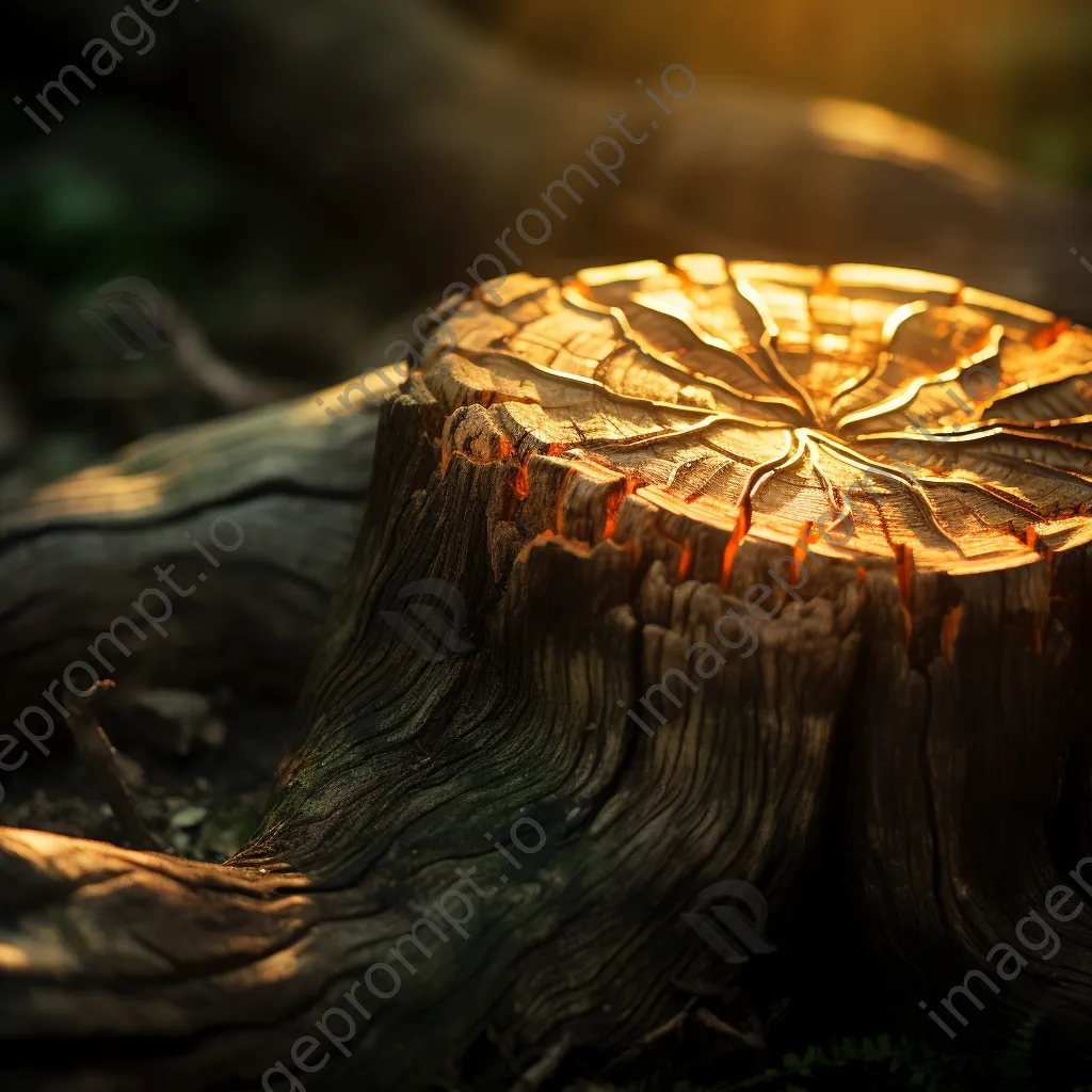 Close-up of an ancient tree stump with carvings in sunlight - Image 2