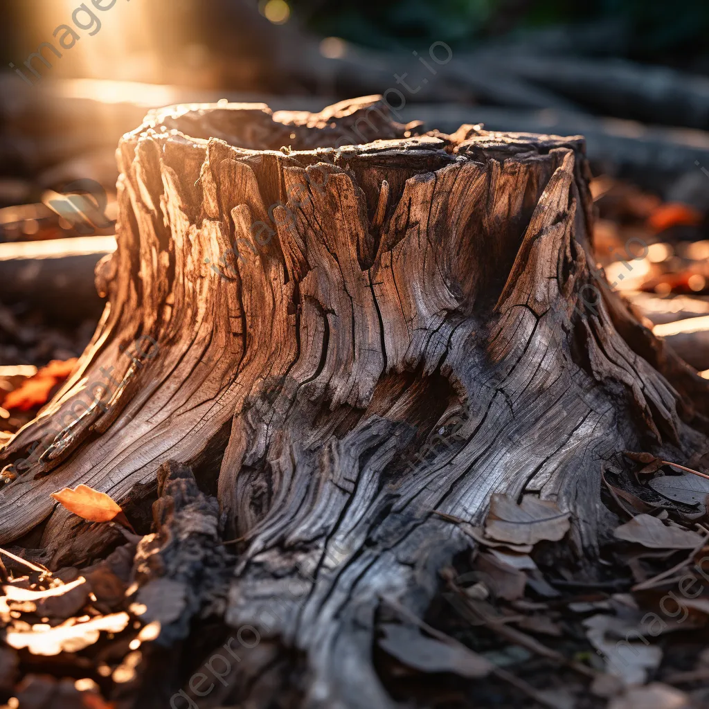 Close-up of an ancient tree stump with carvings in sunlight - Image 3