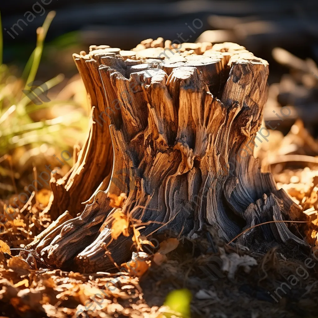 Close-up of an ancient tree stump with carvings in sunlight - Image 4