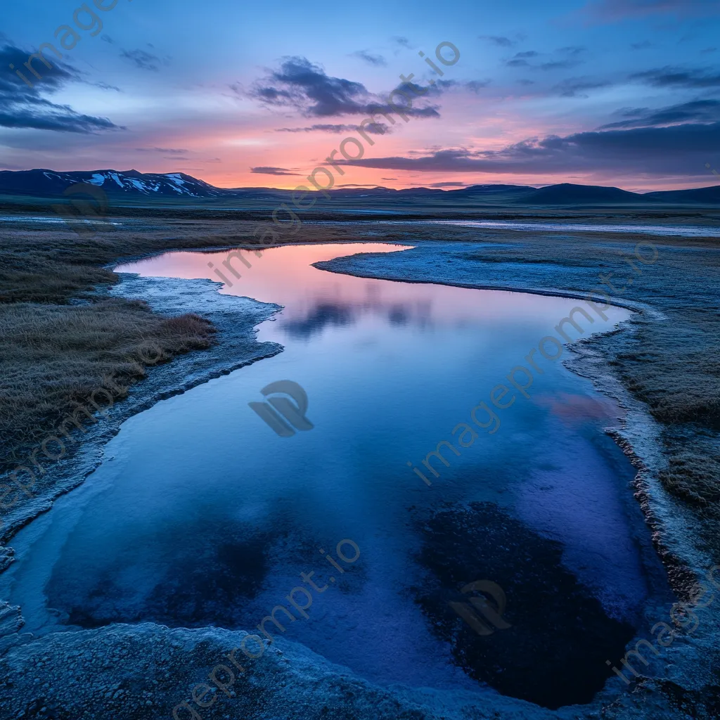 Deserted geothermal spring at twilight with colorful reflections. - Image 1