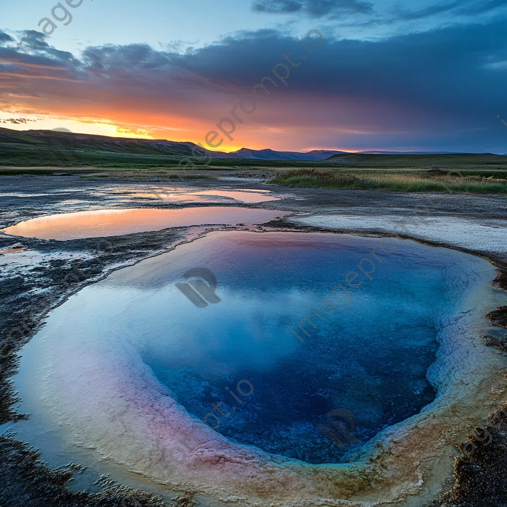 Deserted geothermal spring at twilight with colorful reflections. - Image 2