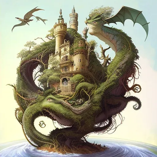 Floating castle in the sky tethered by a winding vine - Image 2