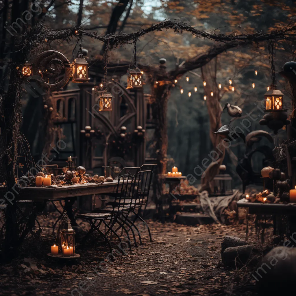 Outdoor Halloween party with decorated tables and spooky lanterns - Image 1