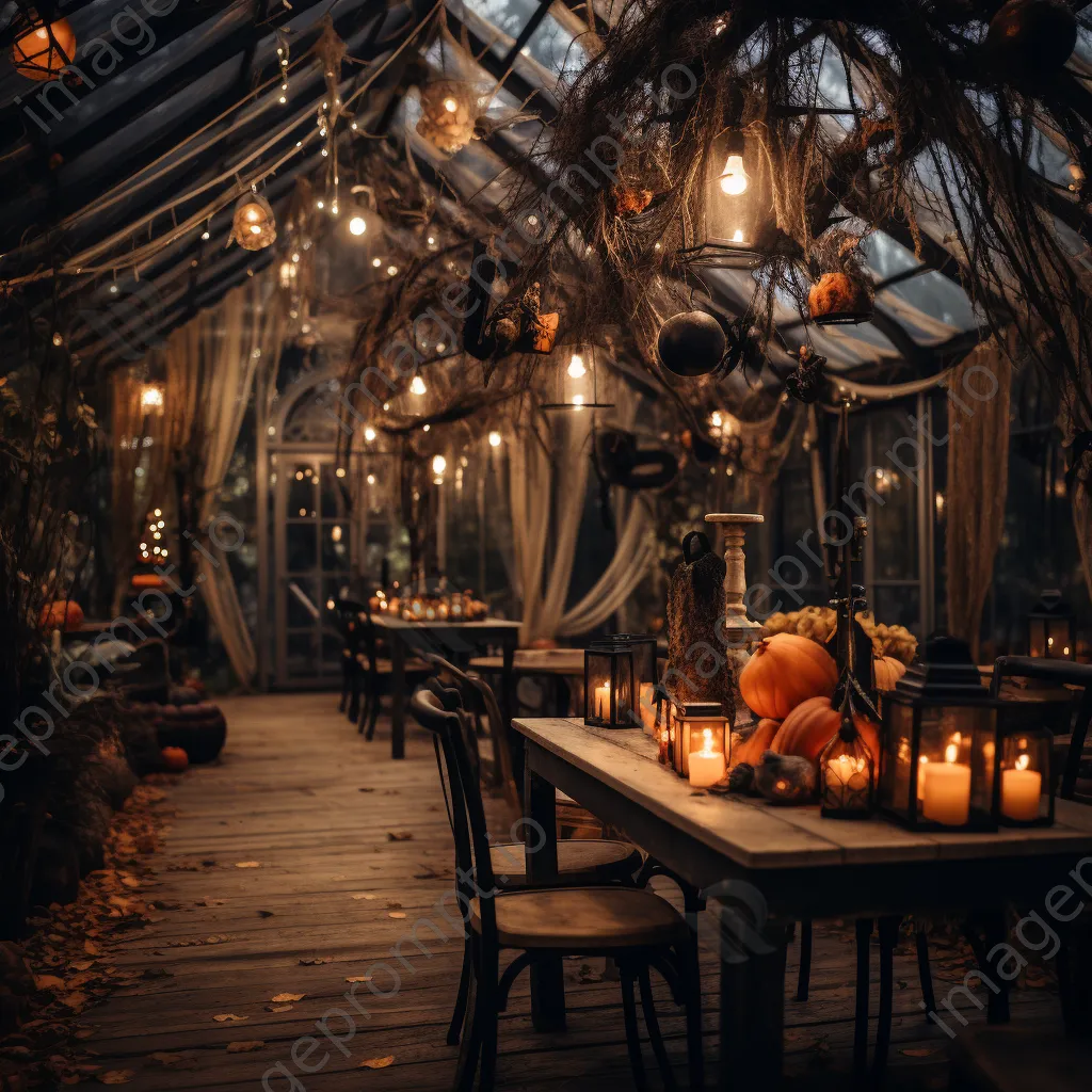 Outdoor Halloween party with decorated tables and spooky lanterns - Image 3