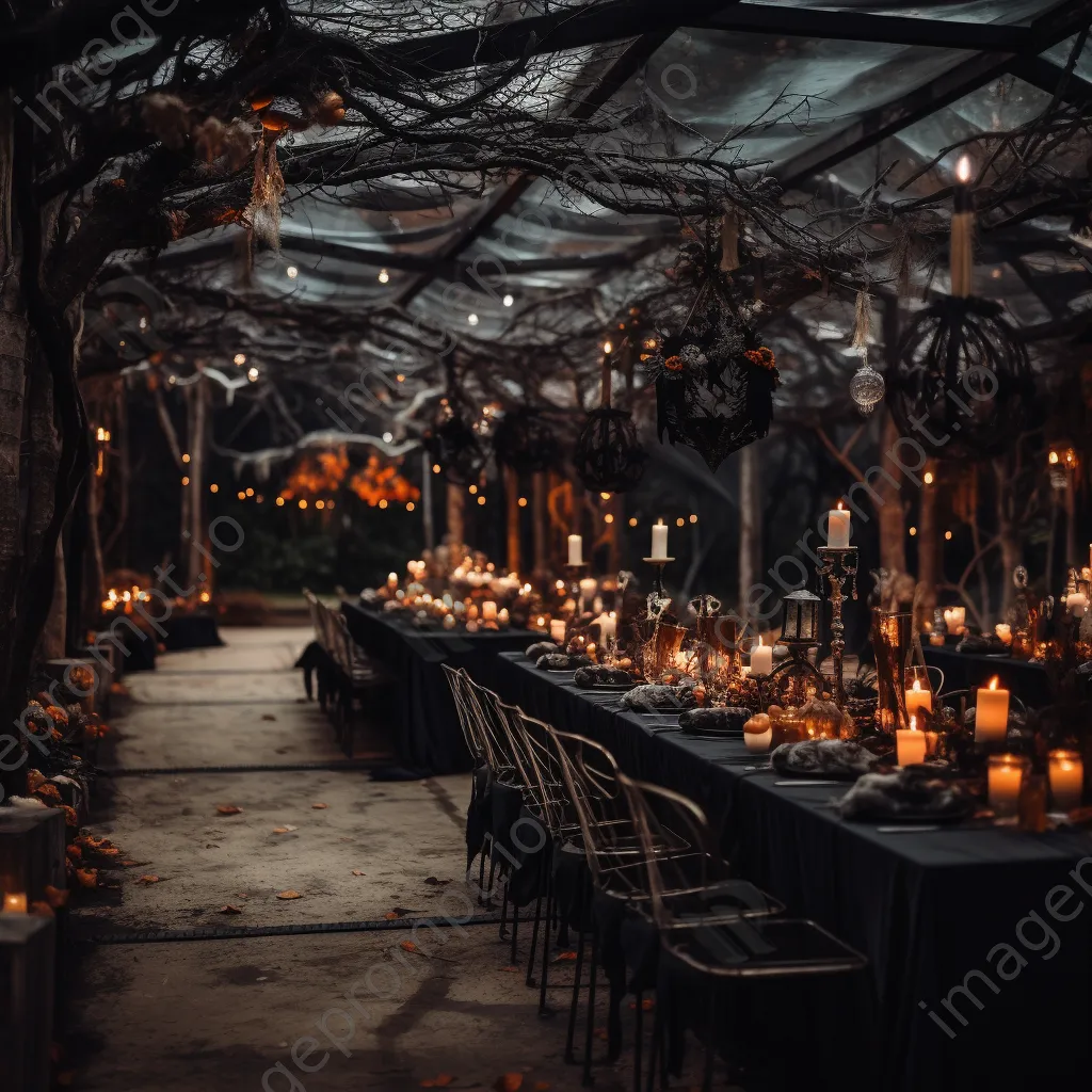 Outdoor Halloween party with decorated tables and spooky lanterns - Image 4