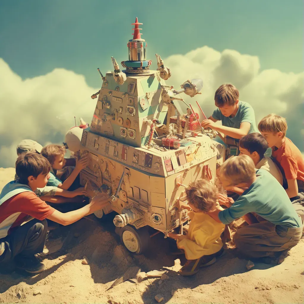 Children building a spaceship out of cardboard in an imaginative scene - Image 1