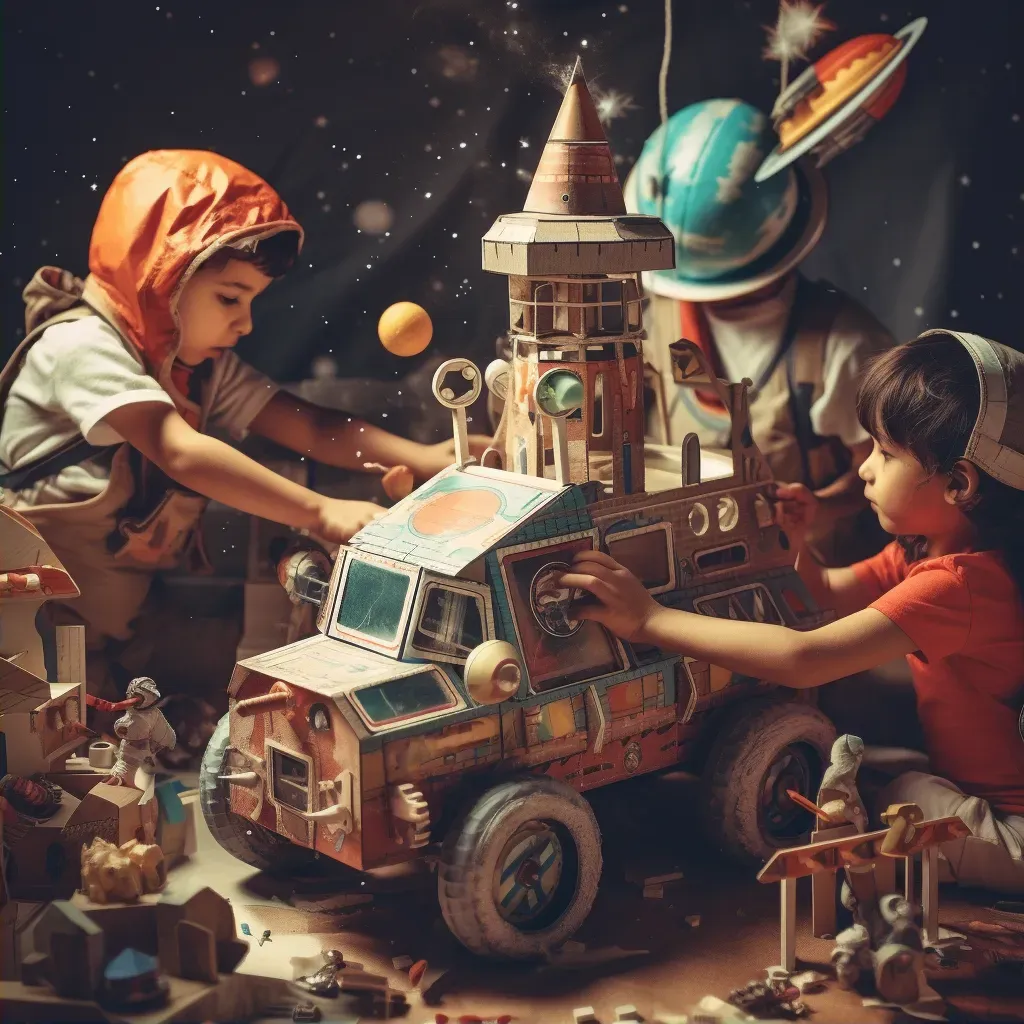 Children building a spaceship out of cardboard in an imaginative scene - Image 2