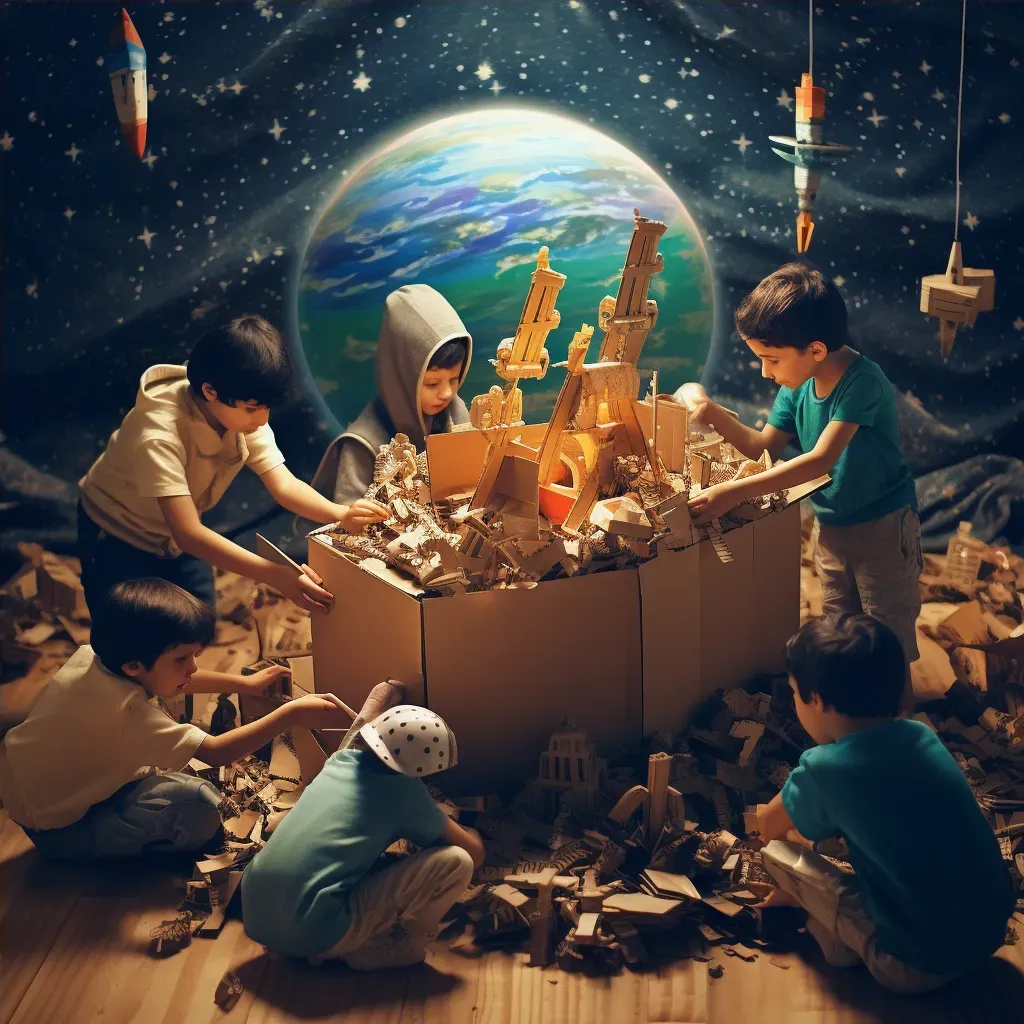 Children building a spaceship out of cardboard in an imaginative scene - Image 4