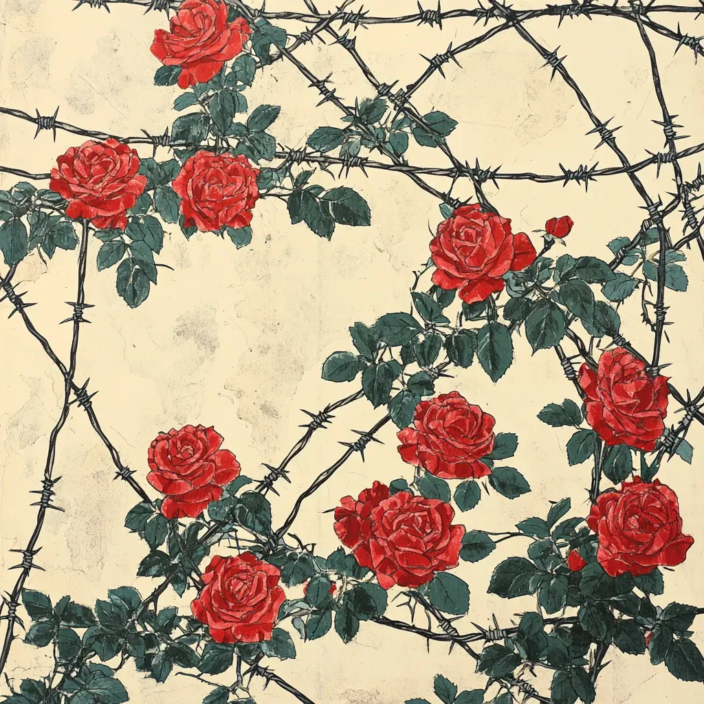 Woodblock print of barbed wire intertwined with blooming roses, symbolizing transformation from conflict to beauty - Image 3