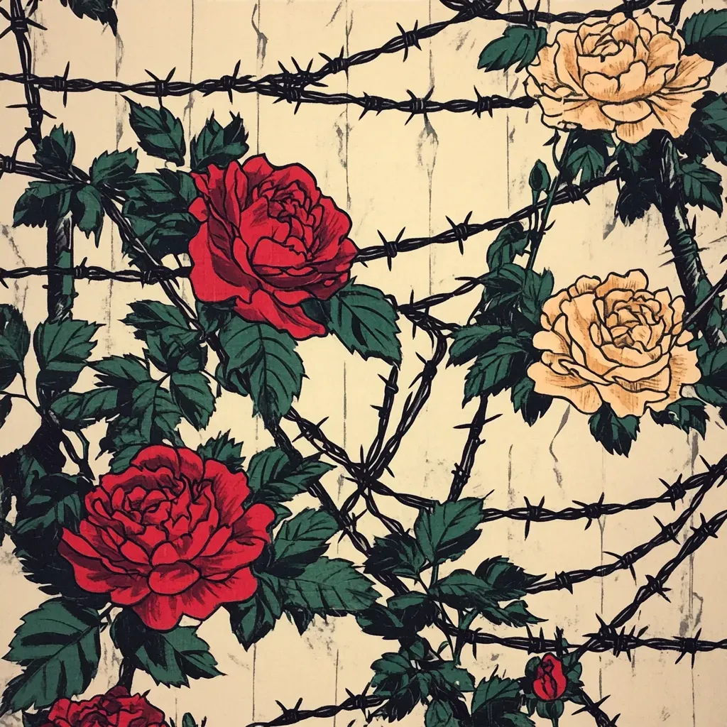 Woodblock print of barbed wire intertwined with blooming roses, symbolizing transformation from conflict to beauty - Image 4