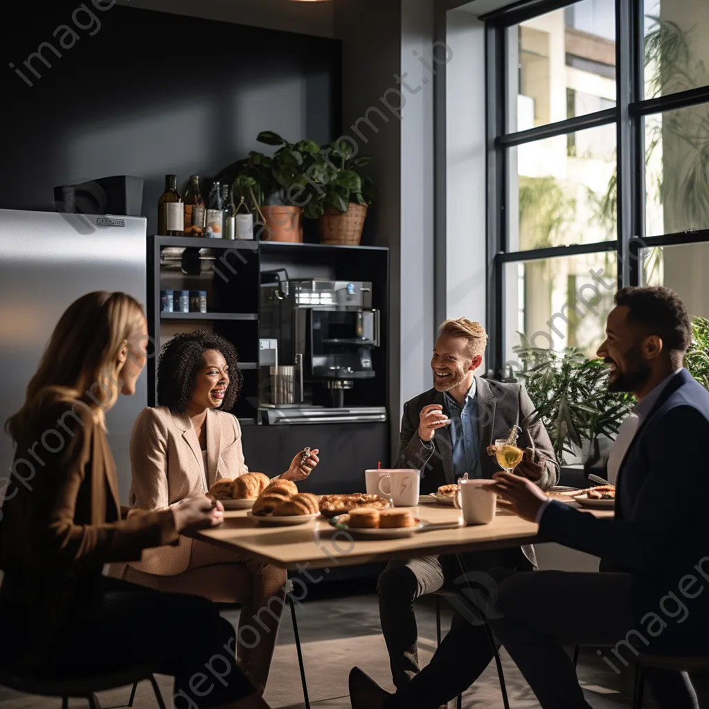 Employees chatting in an office break room with coffee and snacks - Image 1