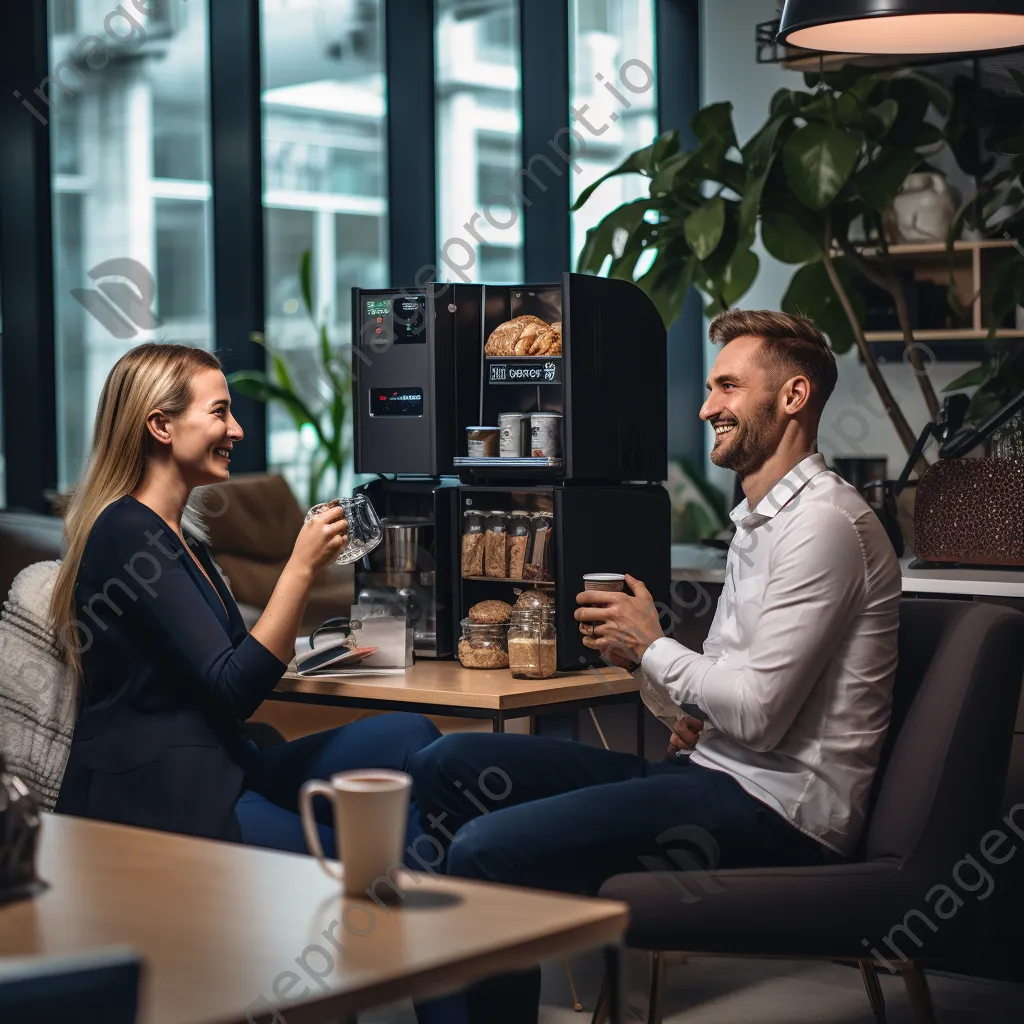 Employees chatting in an office break room with coffee and snacks - Image 2