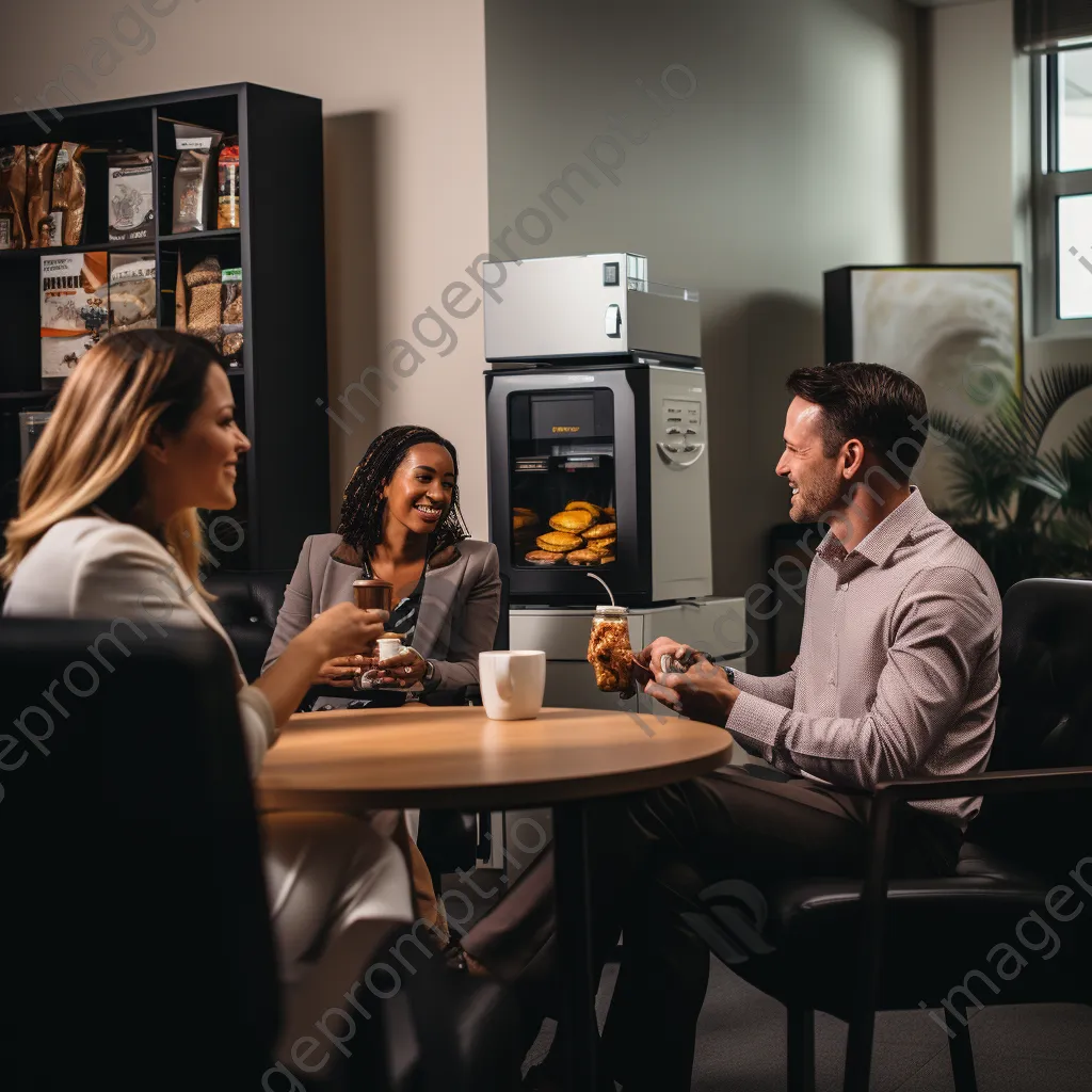 Employees chatting in an office break room with coffee and snacks - Image 3