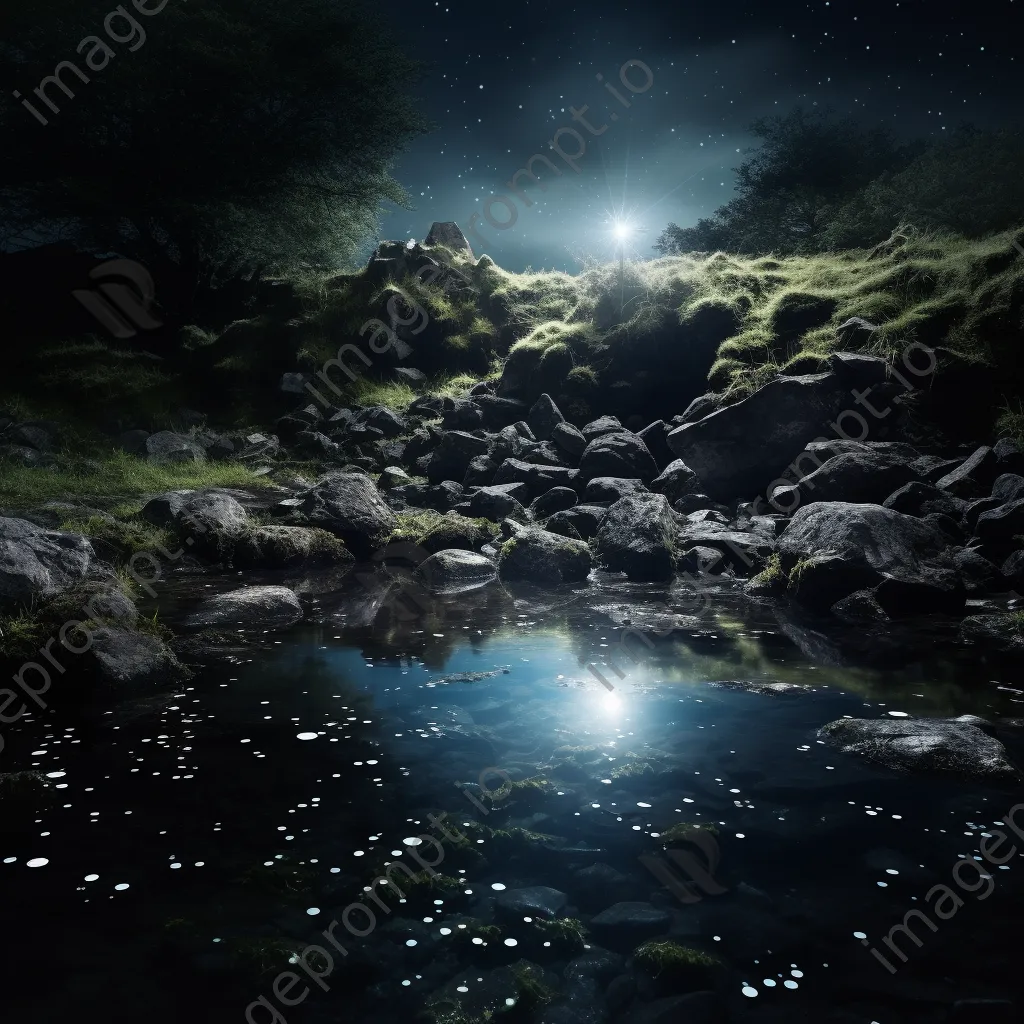 Natural spring illuminated by moonlight with stars above - Image 1