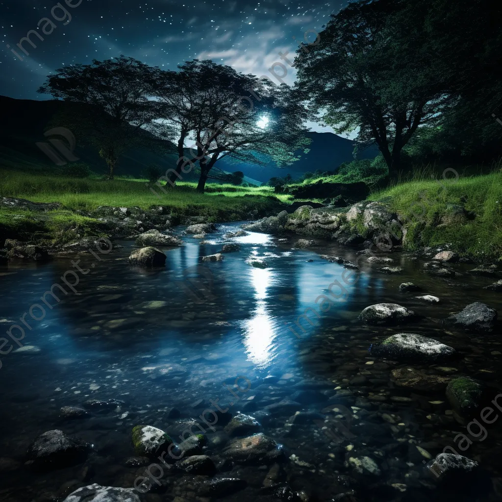 Natural spring illuminated by moonlight with stars above - Image 2