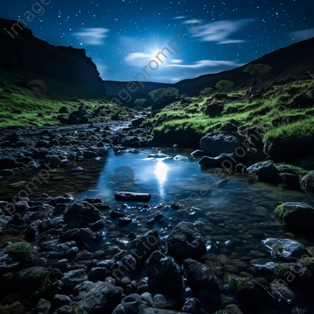 Natural spring illuminated by moonlight with stars above - Image 4