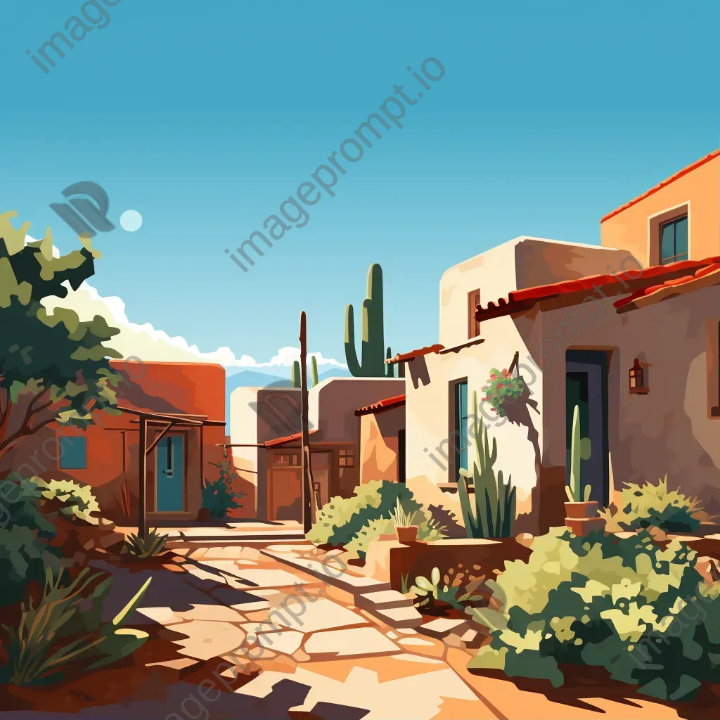 Bright and sunny low poly depiction of Santa Fe with its adobe architecture - Image 1